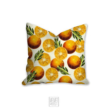 Load image into Gallery viewer, Oranges pillow, yellow citrus accent, modern pillow, Interior decor, home decor, pillow cover and insert, cotton pillow cover, stylish decor