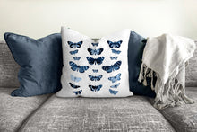 Load image into Gallery viewer, Butterflies pillow, blue pillow, indigo, botanical, natural decor, home decor, pillow cover, pillow insert, pillow case, insect art