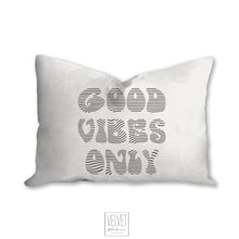Load image into Gallery viewer, Good vibes only pillow, groovy, Boho pillow, retro pillow, throw pillow, black and white, home decor, pillow cover and insert, accent pillow