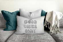 Load image into Gallery viewer, Good vibes only pillow, groovy, Boho pillow, retro pillow, throw pillow, black and white, home decor, pillow cover and insert, accent pillow