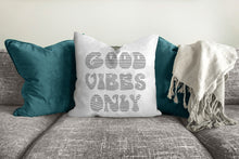 Load image into Gallery viewer, Good vibes only pillow, groovy, Boho pillow, retro pillow, throw pillow, black and white, home decor, pillow cover and insert, accent pillow