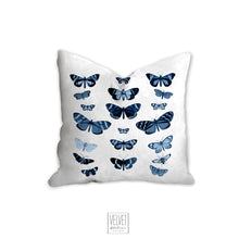 Load image into Gallery viewer, Butterflies pillow, blue pillow, indigo, botanical, natural decor, home decor, pillow cover, pillow insert, pillow case, insect art