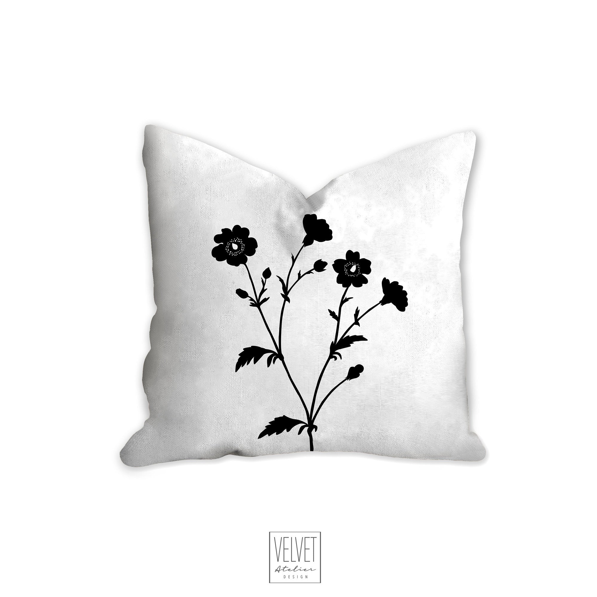 Floral pillow, black and white flowers, botanical, garden flowers, nat –  Velvet Atelier Design