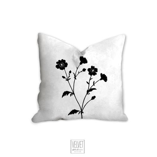Floral pillow, black and white flowers, botanical, garden flowers, natural decor, farmhouse, pillow cover, decorative pillow, pillow case