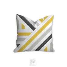 Load image into Gallery viewer, Geometric stripes pillow, linear pattern in yellow and gray, modern pillow, Interior decor, home decor pillow cover and insert, home accents