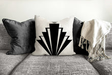 Load image into Gallery viewer, Art deco fan pillow, retro, linear geometric black pattern, Interior decor, home decor, pillow cover and insert, home accent pillow