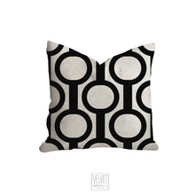 Load image into Gallery viewer, Art deco geometric pillow, retro linear circle pattern, modern pillow, Interior decor, decor, pillow cover and insert, home accent pillow
