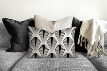 Load image into Gallery viewer, Art deco geometric fan pillow, retro linear black pattern, modern pillow, Interior decor, decor, pillow cover and insert, home accent pillow