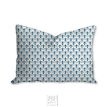 Load image into Gallery viewer, Blue art deco pillow, scalloped pattern, throw pillow, retro, interior design, modern pillow, Interior decor, pillow cover, home accents