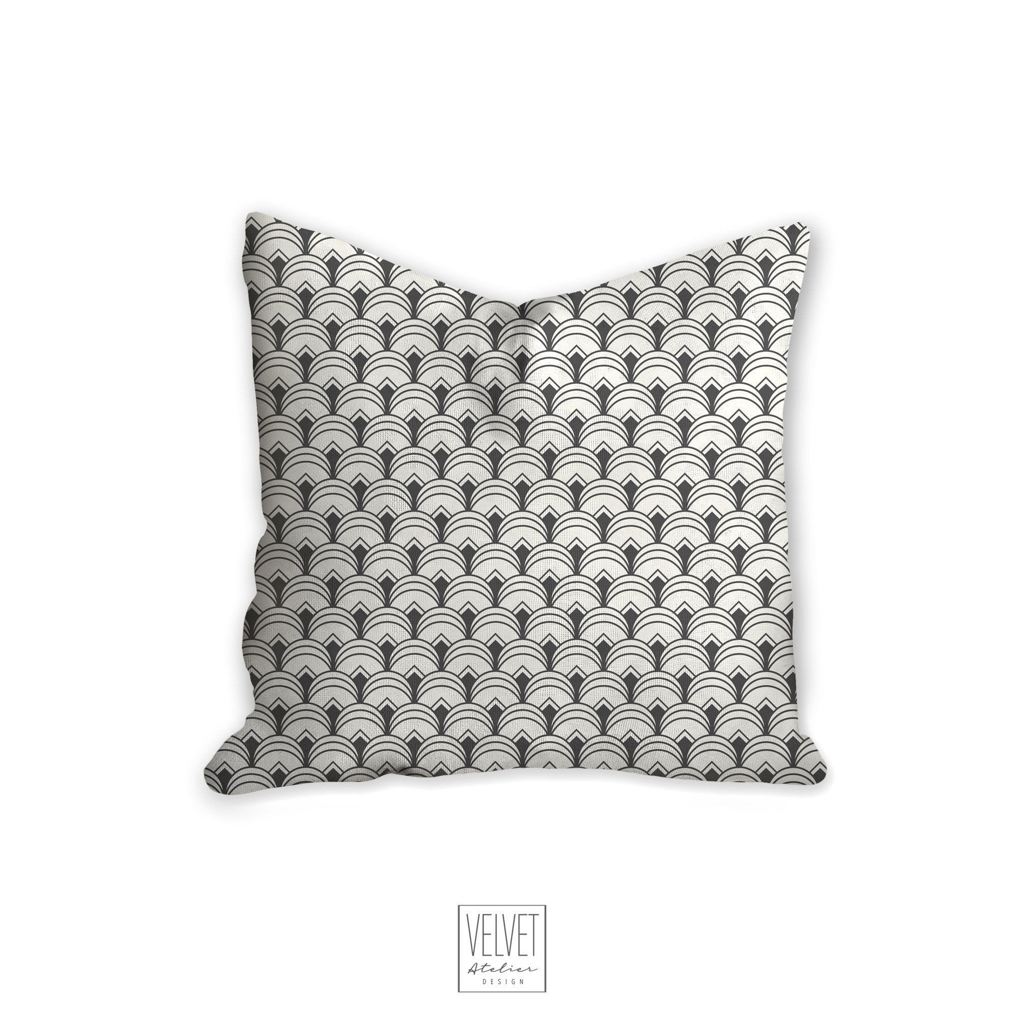 gray art deco pillow scalloped pattern throw pillow retro interior Velvet Atelier Design