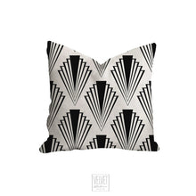 Load image into Gallery viewer, Art deco geometric fan pillow, retro linear black pattern, modern pillow, Interior decor, decor, pillow cover and insert, home accent pillow