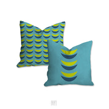 Load image into Gallery viewer, Crescent moon pillow, blue and green mid century, boho modern pillow, Interior decor, home decor pillow cover and insert, accent pillow