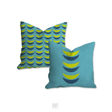 Load image into Gallery viewer, Crescent moons pillow, blue and green mid century, boho modern pillow, Interior decor, home decor pillow cover and insert, accent pillow