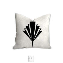 Load image into Gallery viewer, Art deco pillow, stylized fan pattern, black and white, abstract, retro pillow, modern, Interior decor, home decor pillow cover and insert