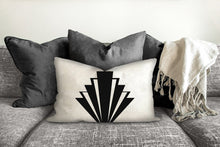 Load image into Gallery viewer, Art deco fan pillow, retro, linear geometric black pattern, Interior decor, home decor, pillow cover and insert, home accent pillow