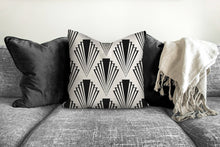 Load image into Gallery viewer, Art deco geometric fan pillow, retro linear black pattern, modern pillow, Interior decor, decor, pillow cover and insert, home accent pillow