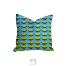 Load image into Gallery viewer, Crescent moons pillow, blue and green mid century, boho modern pillow, Interior decor, home decor pillow cover and insert, accent pillow