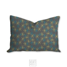 Load image into Gallery viewer, Little stars pillow with gray background, mod yellow and blue stars, modern decor, home interior, pillow cover, pillow insert, pillow case