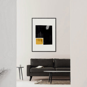 Abstract art print with geometric shapes, black and yellow squares,