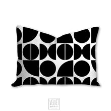 Load image into Gallery viewer, Mid century black and white pillow, cover and insert, abstract shapes modern pillow, home accent pillow