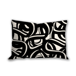 Black and white abstract pillow, tangled waves pattern