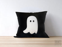 Load image into Gallery viewer, Ghost pillow with white ghost. Cover and insert or just the cover. Cute and spooky ghost for Halloween decor